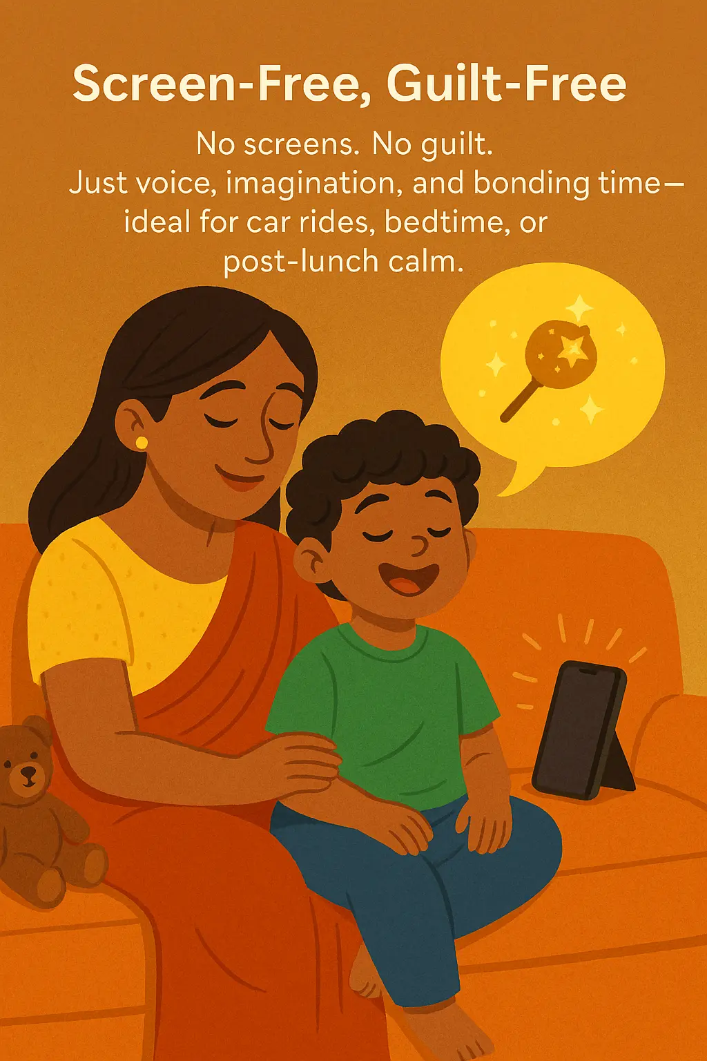 Child enjoying screen-free storytelling with ParentPal